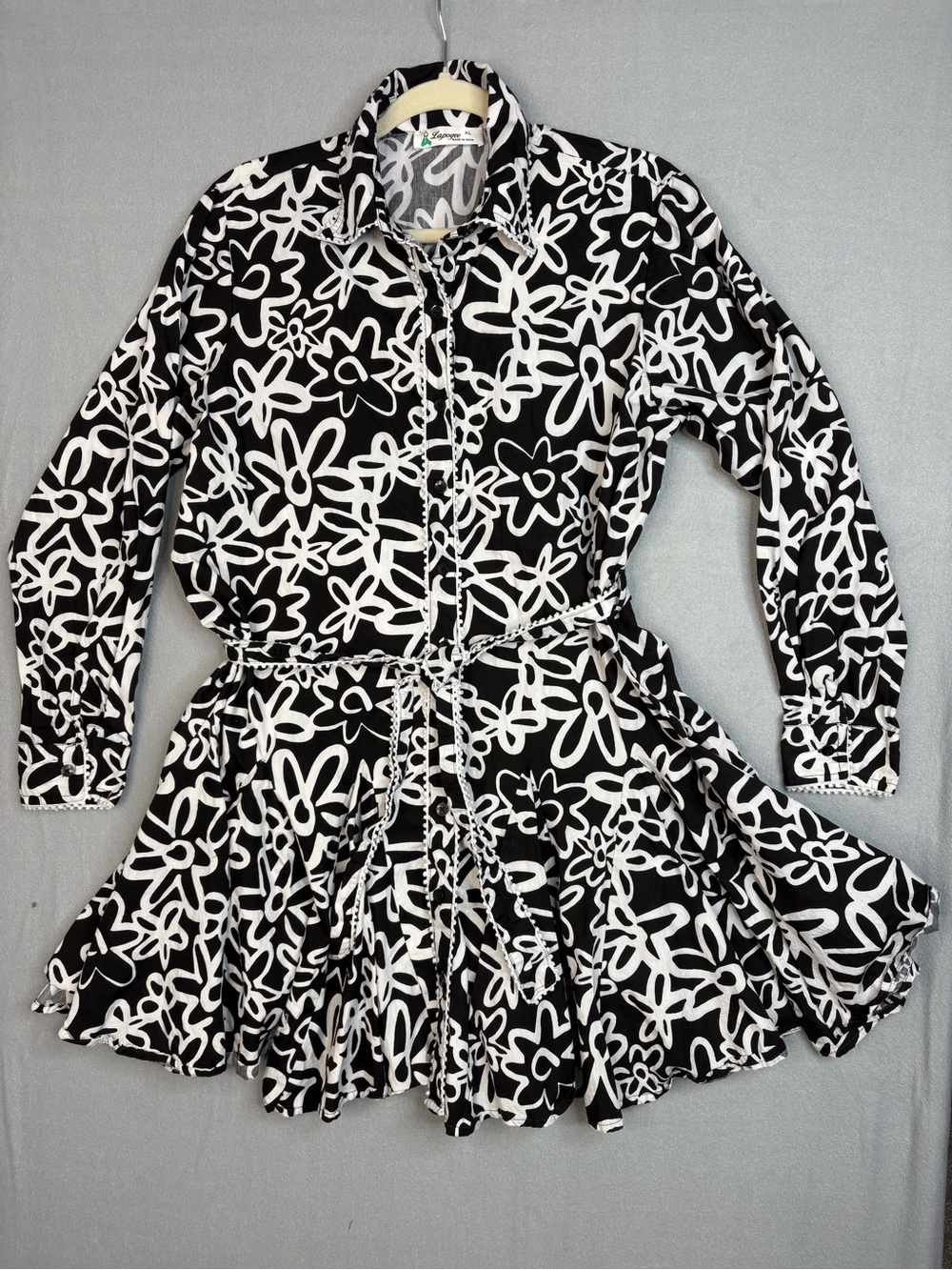 Lapogee XL Black White Floral Cotton Shirt Dress Tie Waist Boho